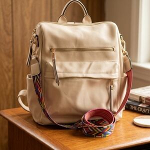 Cream Vegan Leather Convertible Backpack Purse with Boho Guitar Strap